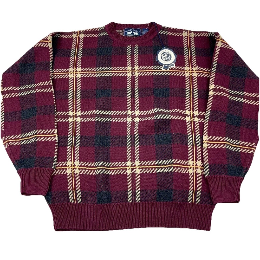 Woods & Gray Sweater Men Large Red Grandpa Heavy Knit Cosby Tartan Plaid Retro *